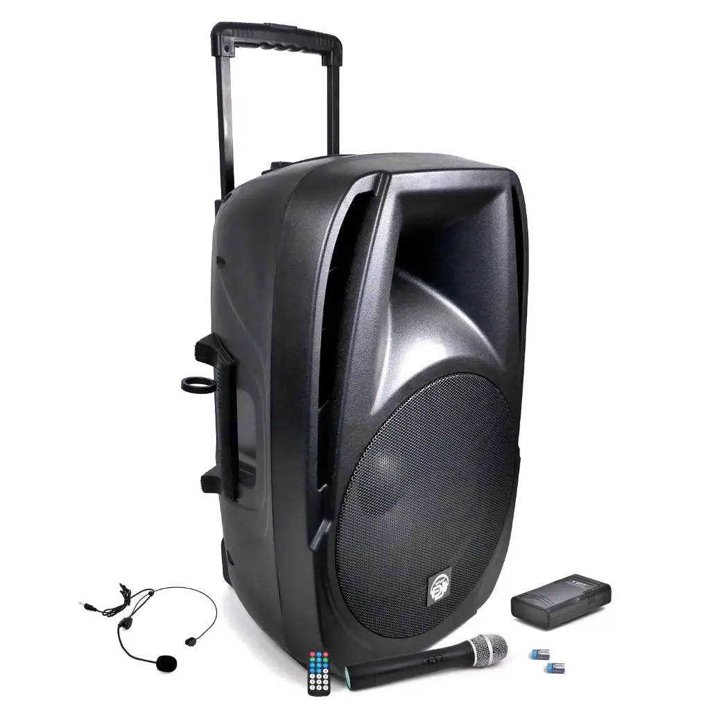 Luidspreker op batterijen15" actief met draadloze micro & headset, remote